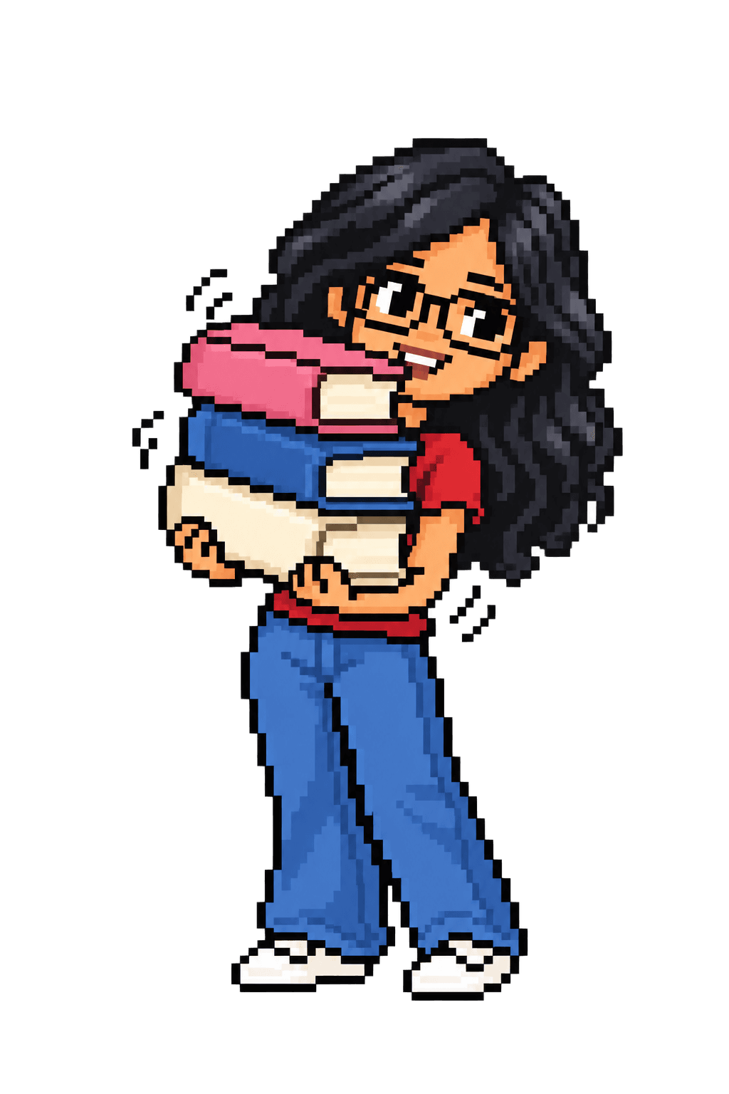 Pixel-art Bhavana carrying a stack of books