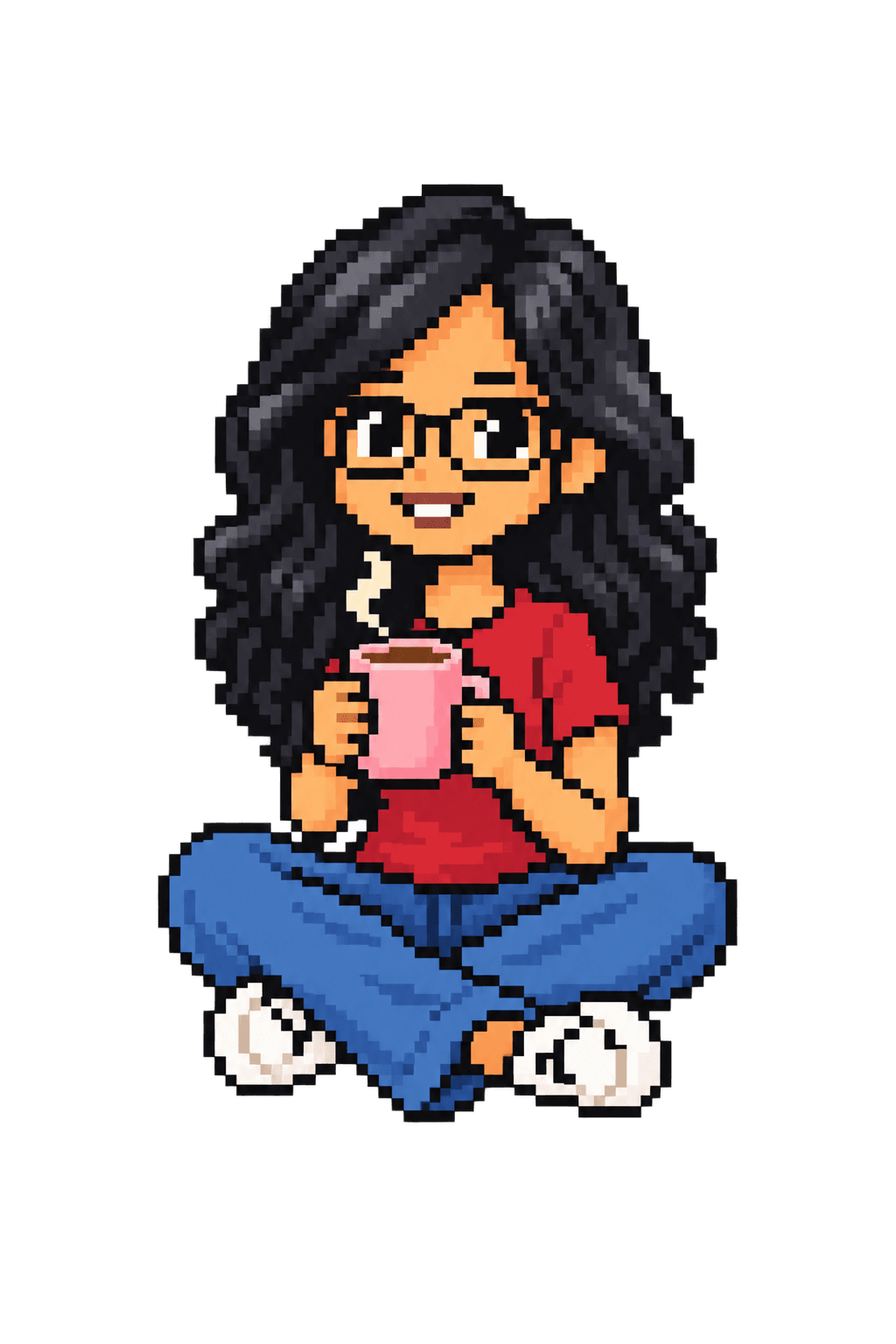 Pixel-art Bhavana taking a coffee break