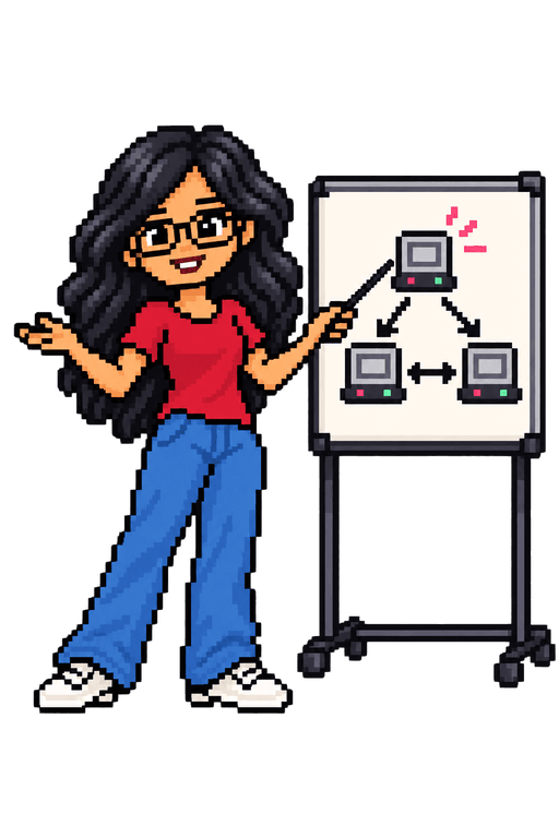 Pixel-art Bhavana presenting a distributed systems diagram