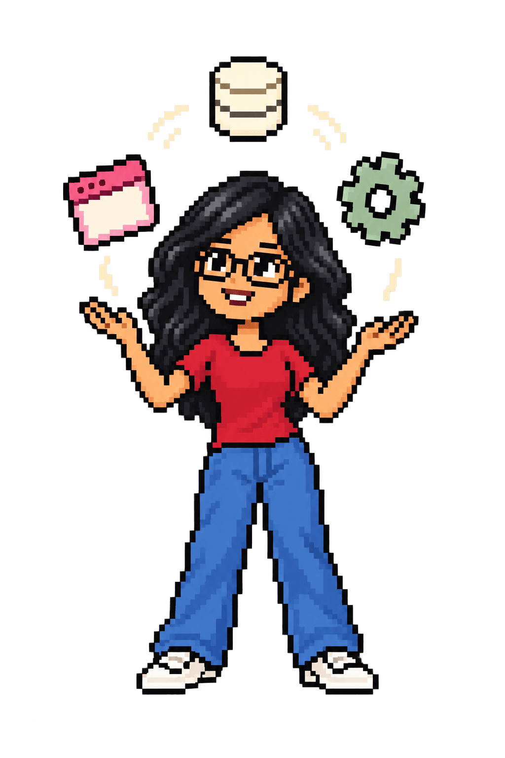 Pixel-art Bhavana juggling a browser, a database, and a gear